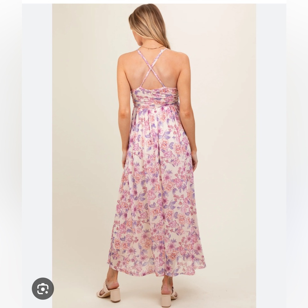 Pink Floral Mesh Maternity Maxi Dress - Picture 3 of 7